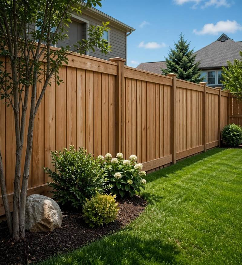 Cedar privacy fence with shrubs and a manicured lawn along the fence line