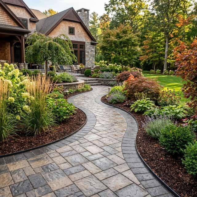 Curved paver walkway winding through ornamental grasses toward a stone entry