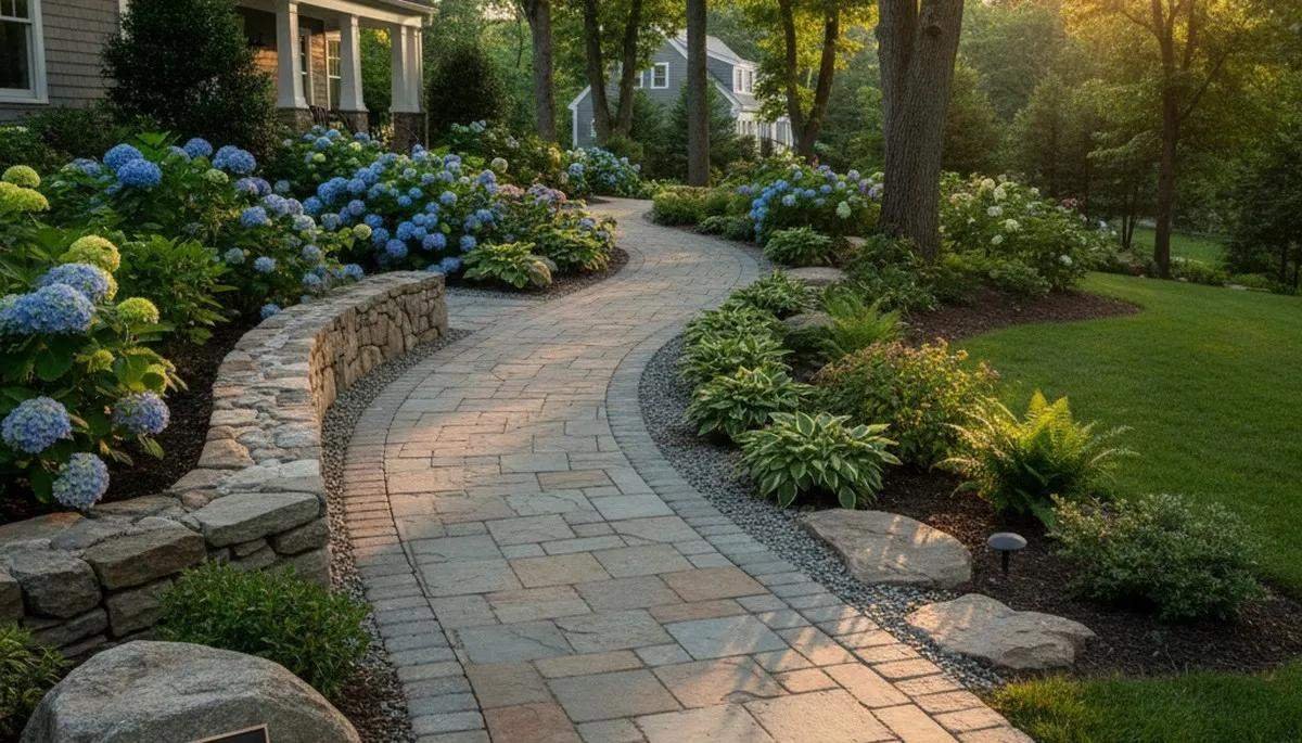 Curving paver walkway edged with river stone beside hydrangea beds and a low stone wall