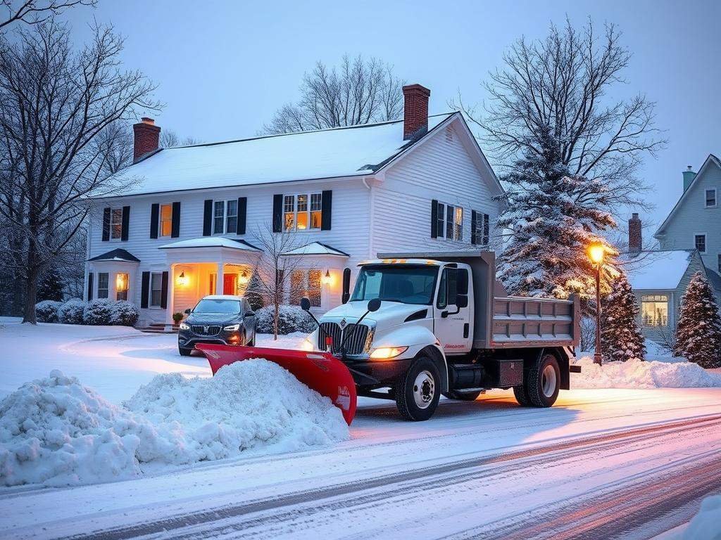 Plow truck clearing snow from a residential street in New England
