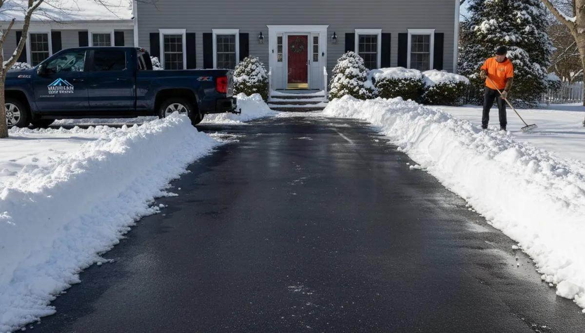 Residential driveway cleared of snow with shoveled edges after a winter storm